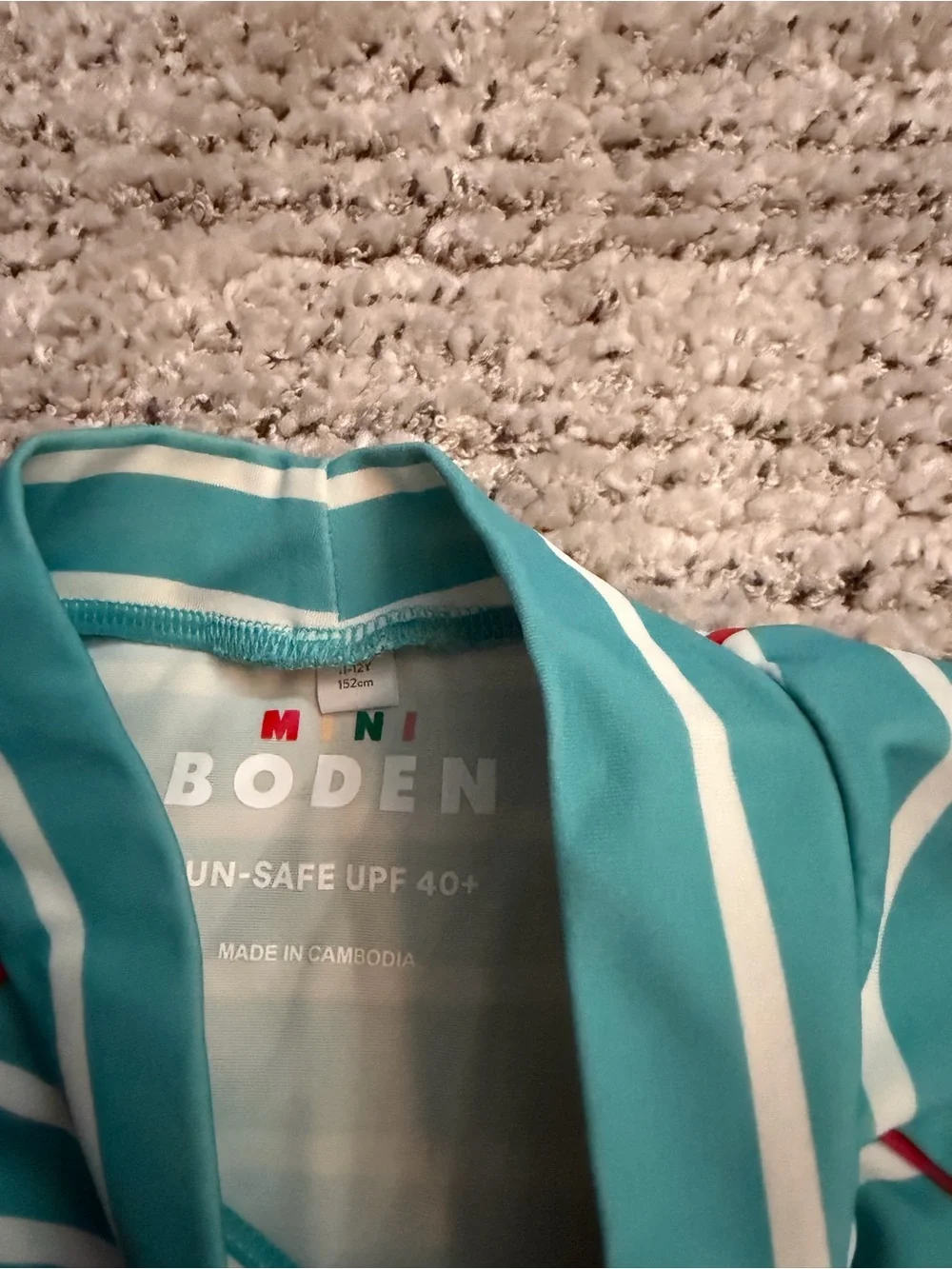 Mini Boden Aqua and White Striped Kids Swim Rashguard with meerkat Euc 11/12
